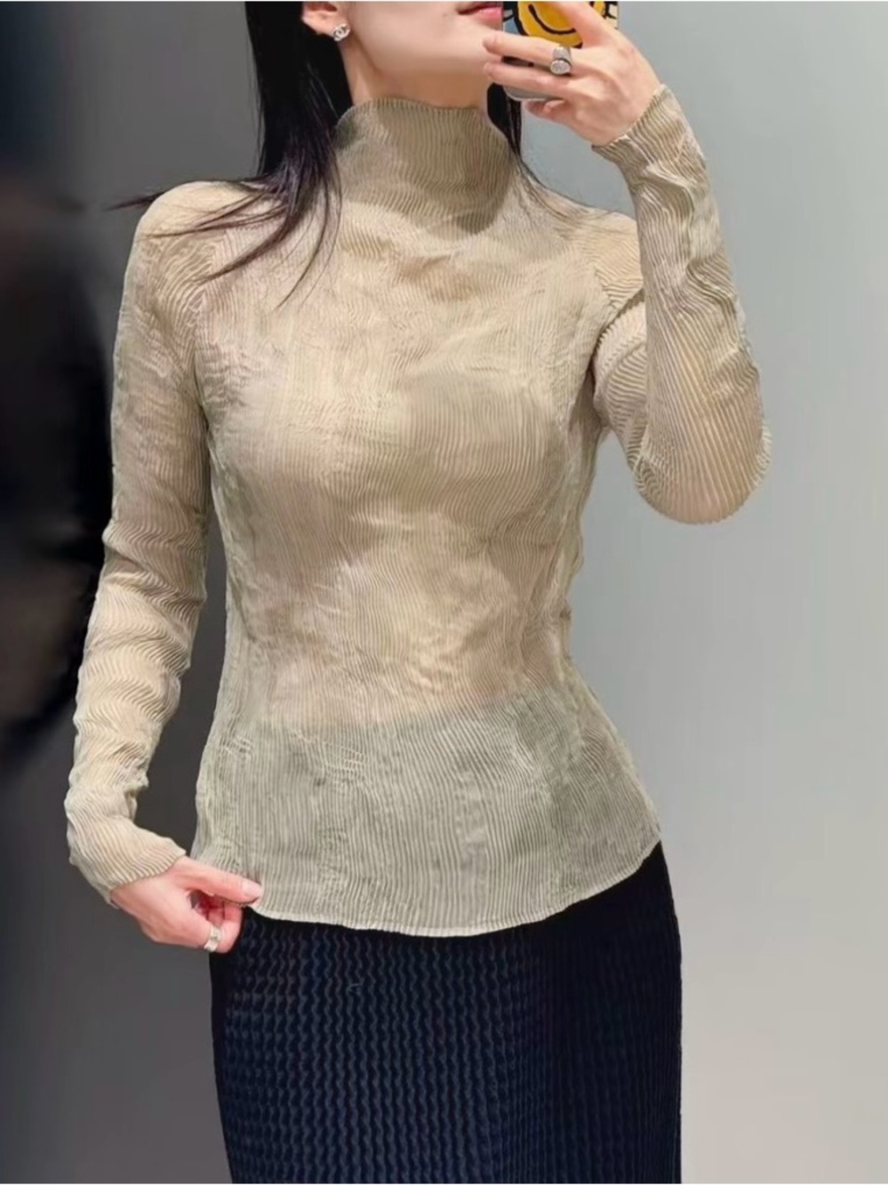 Brand new Beige High-Neck chiffon pleated Long-Sleeve Top